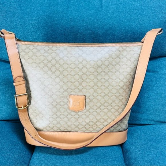 Celine Paris M14 Italy Macadam pattern PVC Razor Beige Leather Shoulder bag - Picture 2 of 16